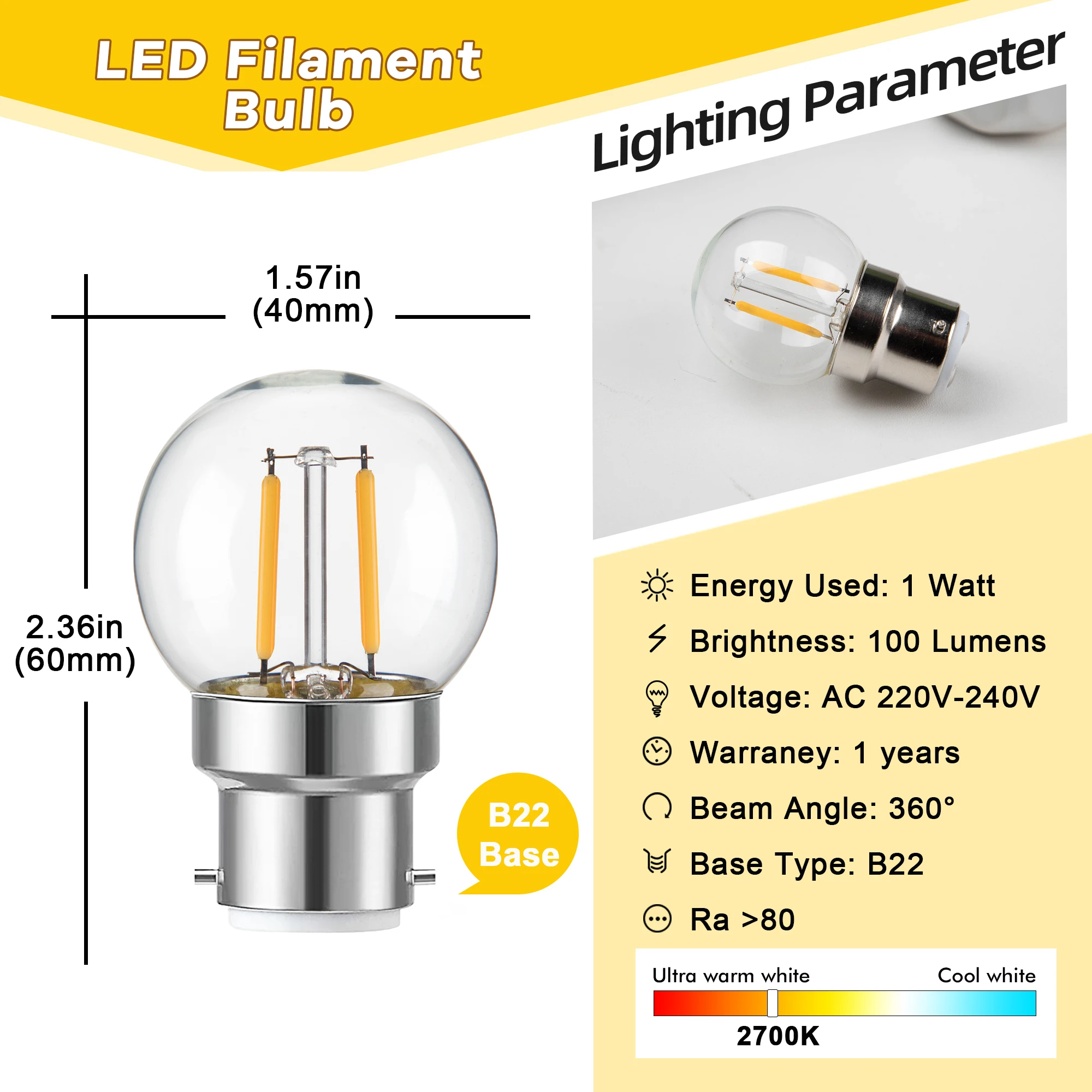 G40 Bayonet Cap Base LED Filament Light Bulb 1W 220V 10W Equivalent Warm White 2700K Dimmable Globe Golf Bedside Decor Lamp Bulb