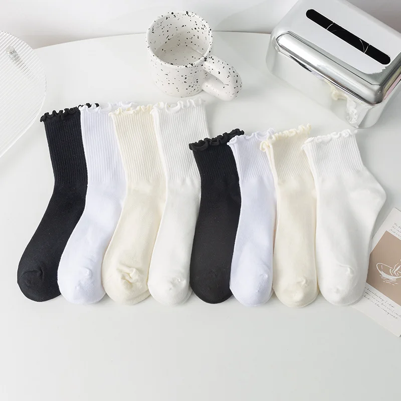 4pcs Summer Cotton Ruffles Ankle Socks Women INS Cute Kawaii Luxury Korean Sock Girl Spring Black White Middle Tube Japanese Sox