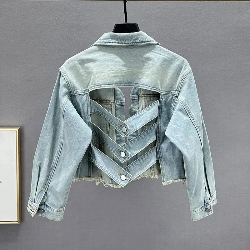 Fried Street Backless Denim Jackets Women\'s Outwear 2024 New Spring Summer Loose Slim Sexy Hollow Short Jeans Jacket Tops