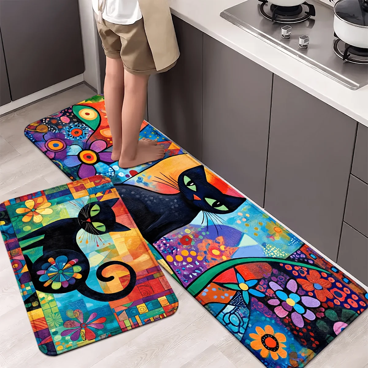 2D Flat Printing 1pc Abstract Black Cat Multicolor Geometric Pattern Printed Oblong Kitchen Mat, Polyester Machine Washable Kn