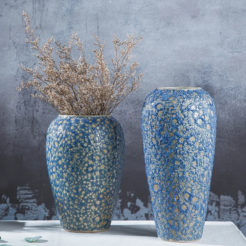 Retro Chinese Blue Bubble Glaze Stoneware Countertop Ceramic Dried Flower Vase Arrangement Living Room Decorations