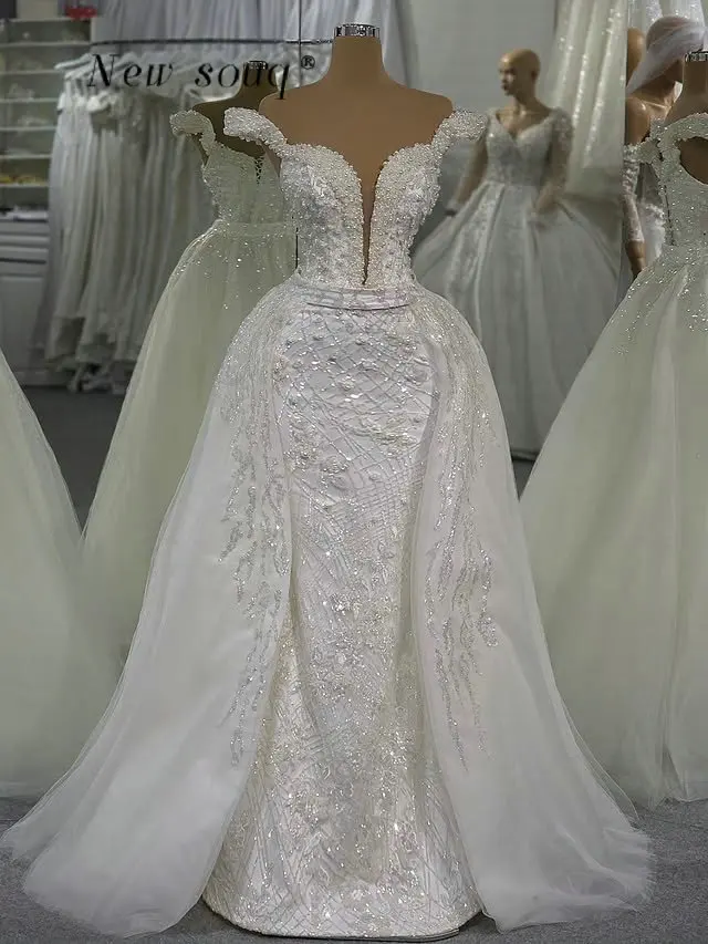 

Ivory Pearls Beaded Off Shoulder Mermaid Evening Dresses with Overskirts Customized Elegant Wedding Engagement Party Gowns