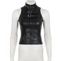 SUCHCUTE Retro Punk Pu Leather Vest With Sleeve Cover Women Gothic Black Sleeveless Turtleneck Top Y2k Metal Decorative Clothing - Image 4