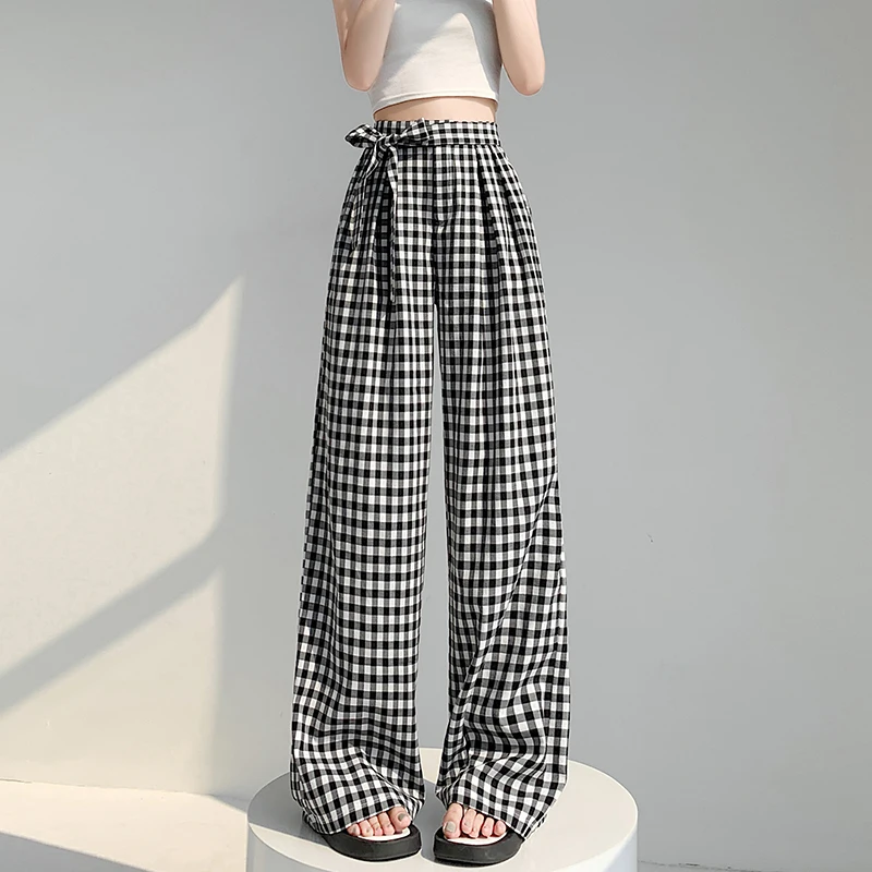 

New Fashion Lace-up High Waist Black White Plaid Trousers Women Summer Casual Wide-leg Pants Ladies Cozy Loose Long Pants