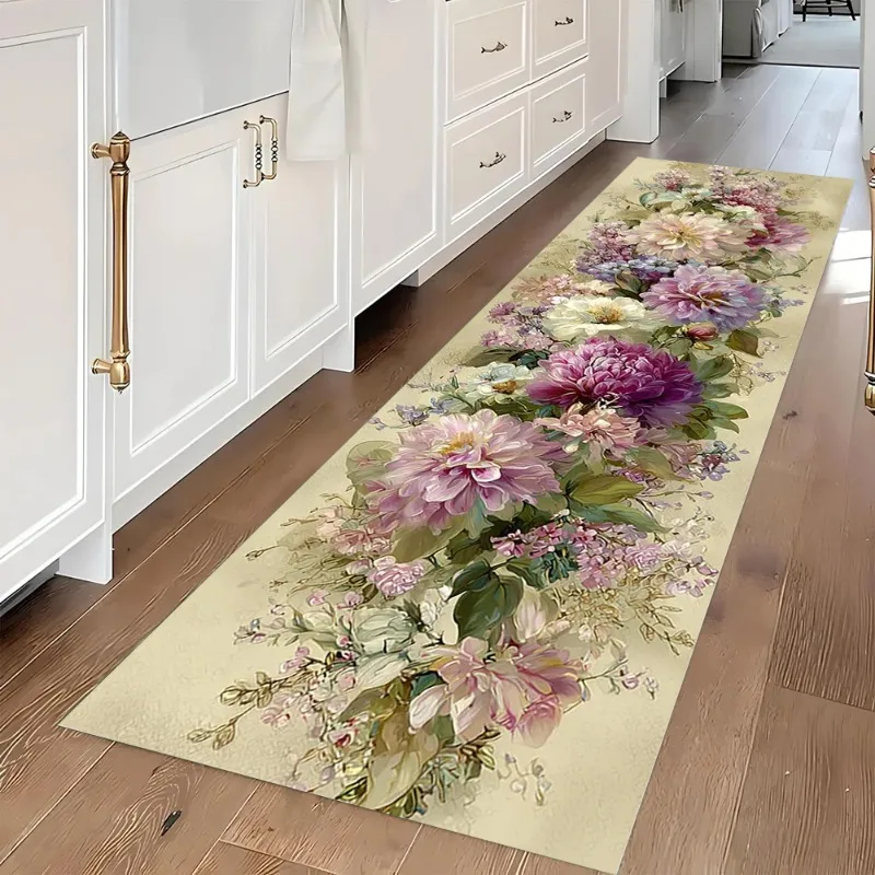 Floral Pattern Runner Rug Vintage Flowers Print Home Decor Long Carpet Soft Non-slip Floor Mat for Hallway Bedroom
