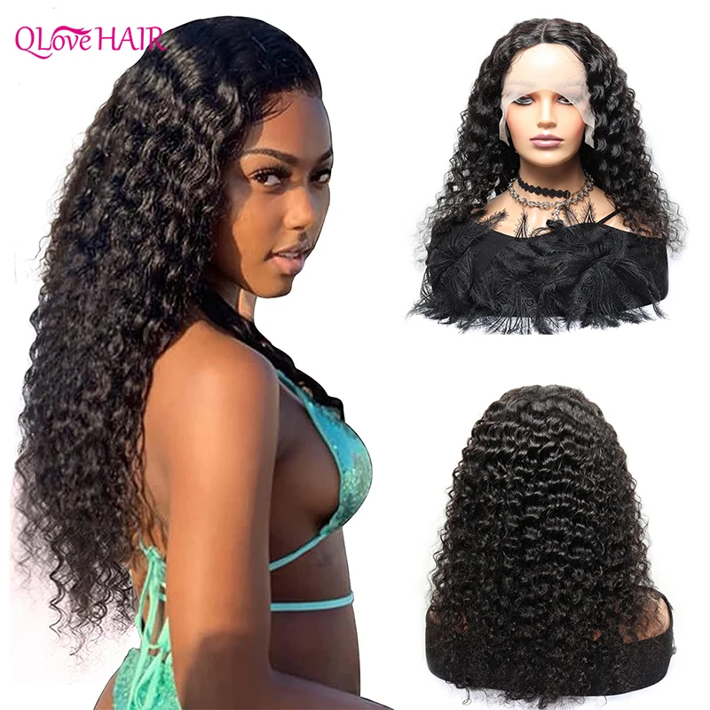 

Peruvian Curly Human Hair Wigs Deep Wave Pre Plucked T Part Lace Wigs 32Inch 13x1 Remy Hair Wig For Black women 180 Density