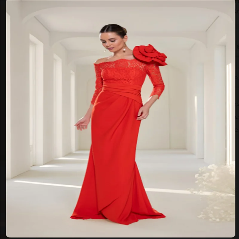 

Arabic Red Elegant Evening Dress Long Mermaid Customized Muslim Full Sleeves Prom Wedding Gown Party Dress 2025 New Fashion