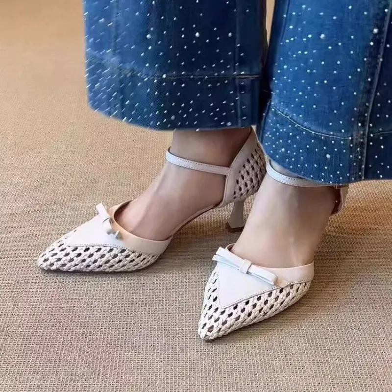 Women's New Pointed Toe Woven Hollow Out Breathable Bow Embellishment One-word Strap Sandals Women Elegant Solid Color Sandals
