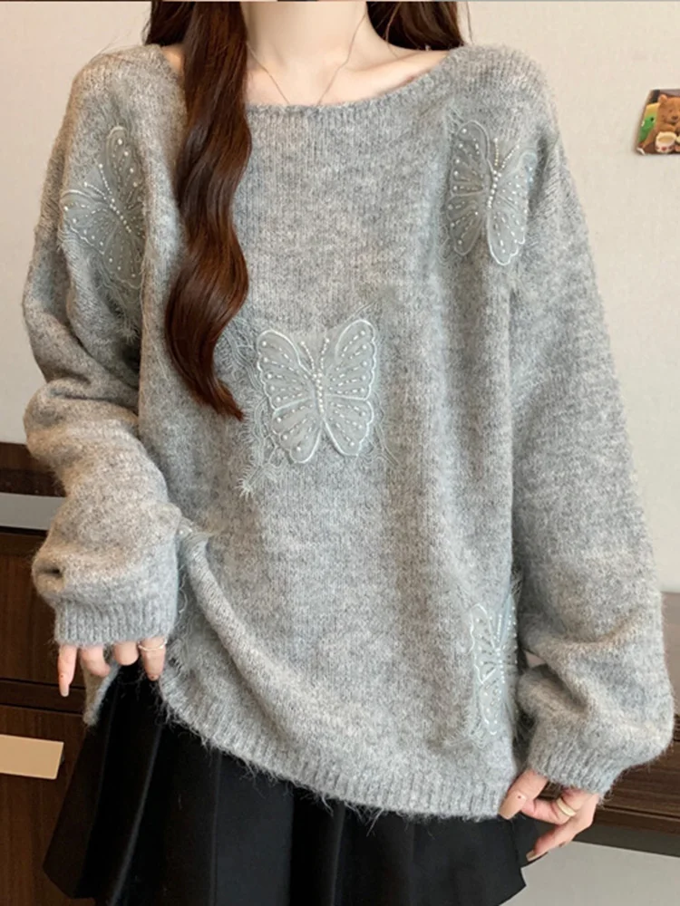Sweater Kupu-kupu Lucu Manis Wanita O Neck Gaya Preppy Chic Rajutan Pullover Kasual Lengan Panjang Longgar Elegan Jumper Wanita Musim Gugur