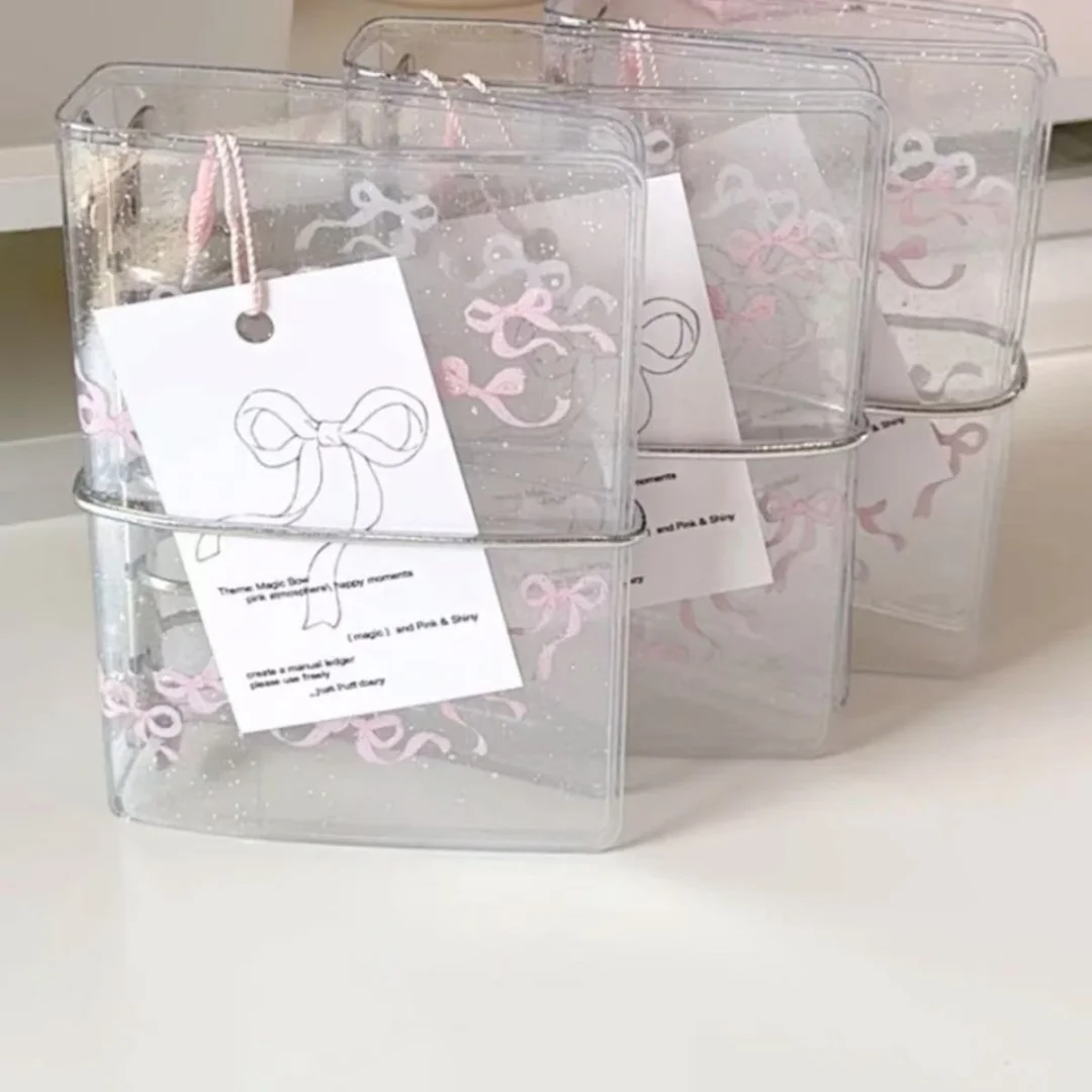 Pink Bow Glitter PVC M5 Loose Leaf Notebook Cover, Transparent Cover Journal for Planning Scrapbooking Card Collection