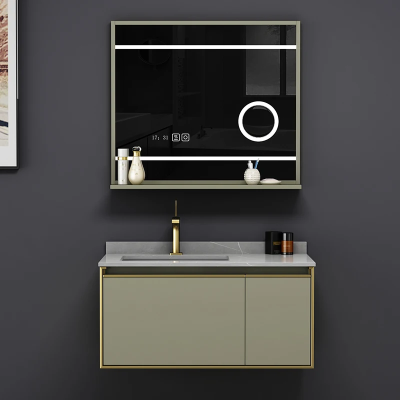 Euro Style Wall Hanging Bathroom Vanity Set Luxury Modern Marble Top Bathroom Cabinet With Led Mirror