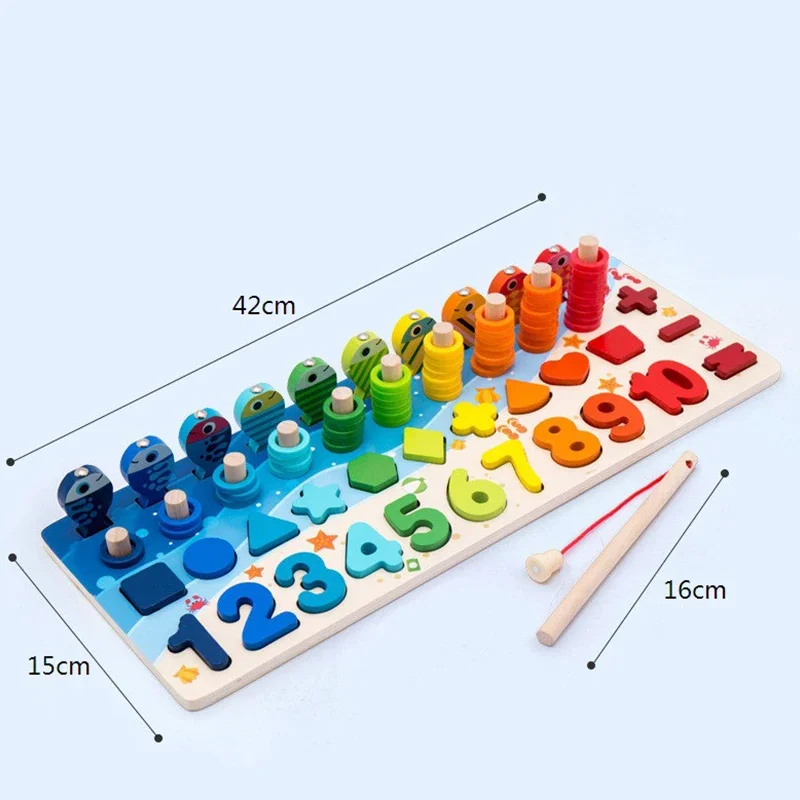 Kids Montessori Math Toys For Toddlers Educational Wooden Puzzle Fishing Toys Count Number Shape Matching Sorter Games Board Toy