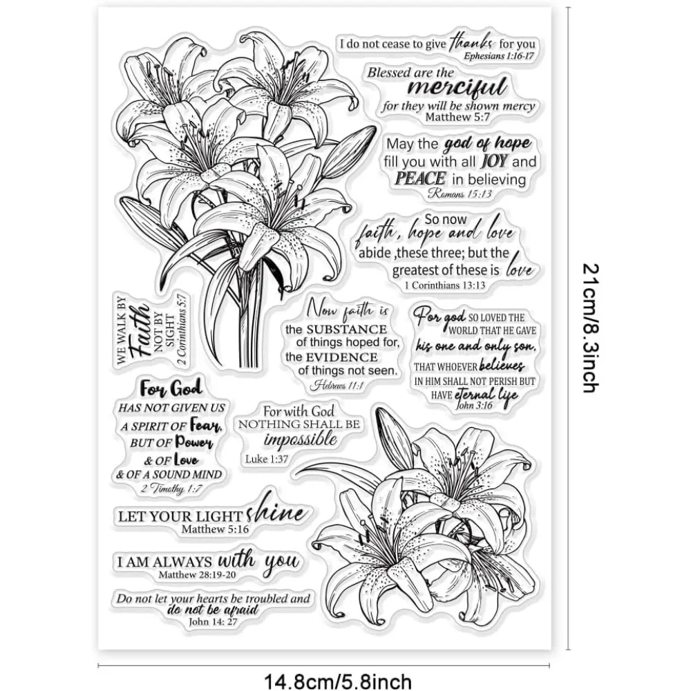 Lily Bible Flowers Clear Stamps for Cards Making The Bible Word Clear Stamp Seals 5.83x8.27inch Transparent Stamps for DIY
