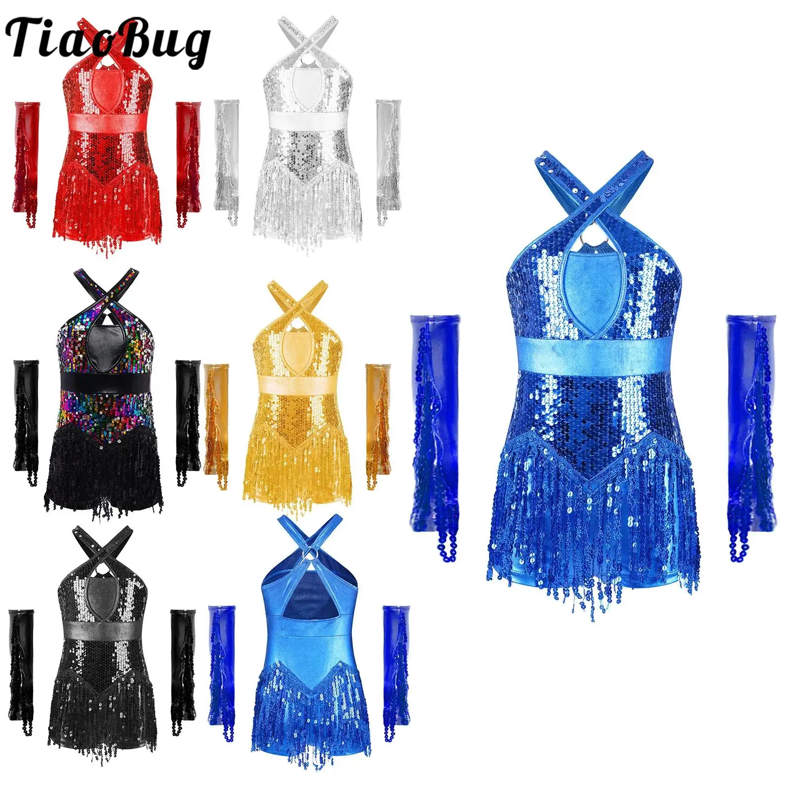 

Kids Girls Latin Dance Cha-Cha Jazz Performance Costume Salsa Outfit Sparkly Sequins Tassel Leotard with Sequined Tassels Gloves