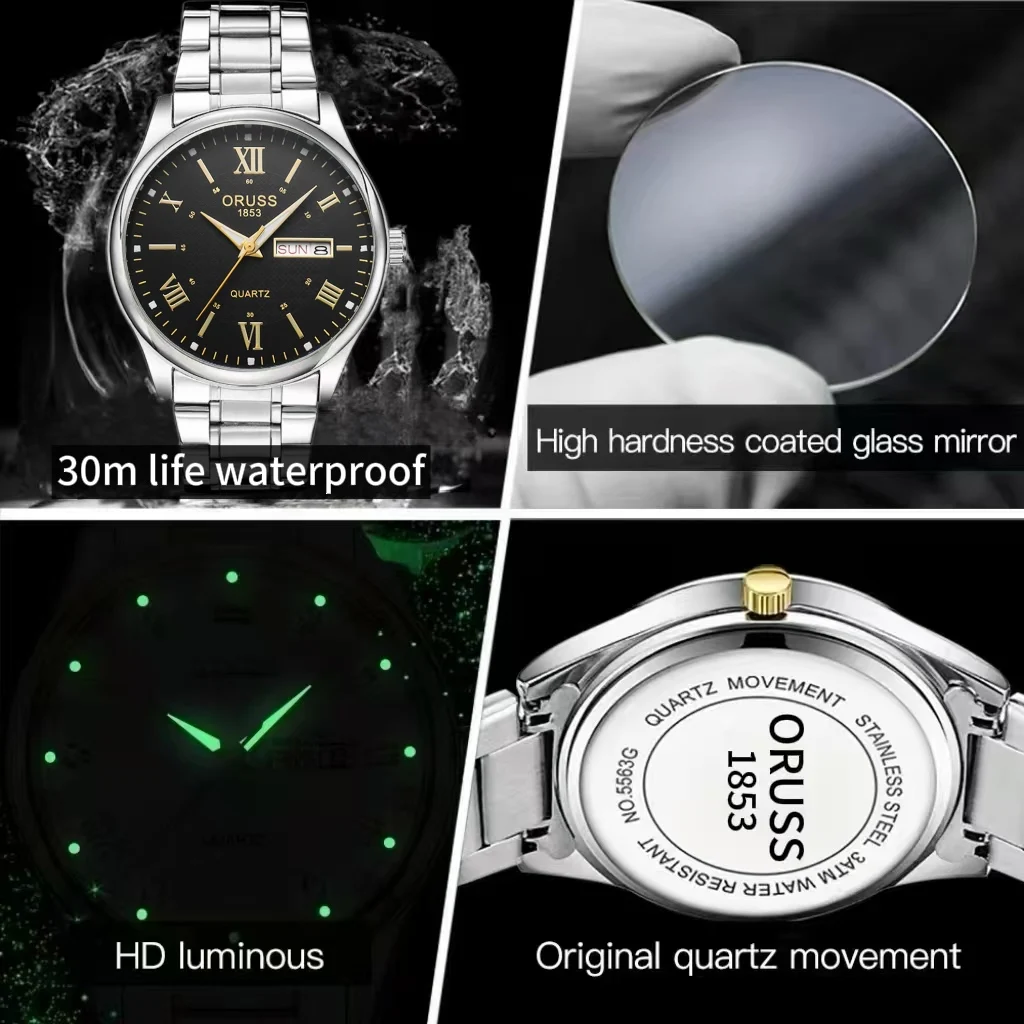 ORUSS Original High-end Luxury Stainless Steel Waterproof Quartz Men's Watch Luminous Watch for Man Watch Business  Wristwatches
