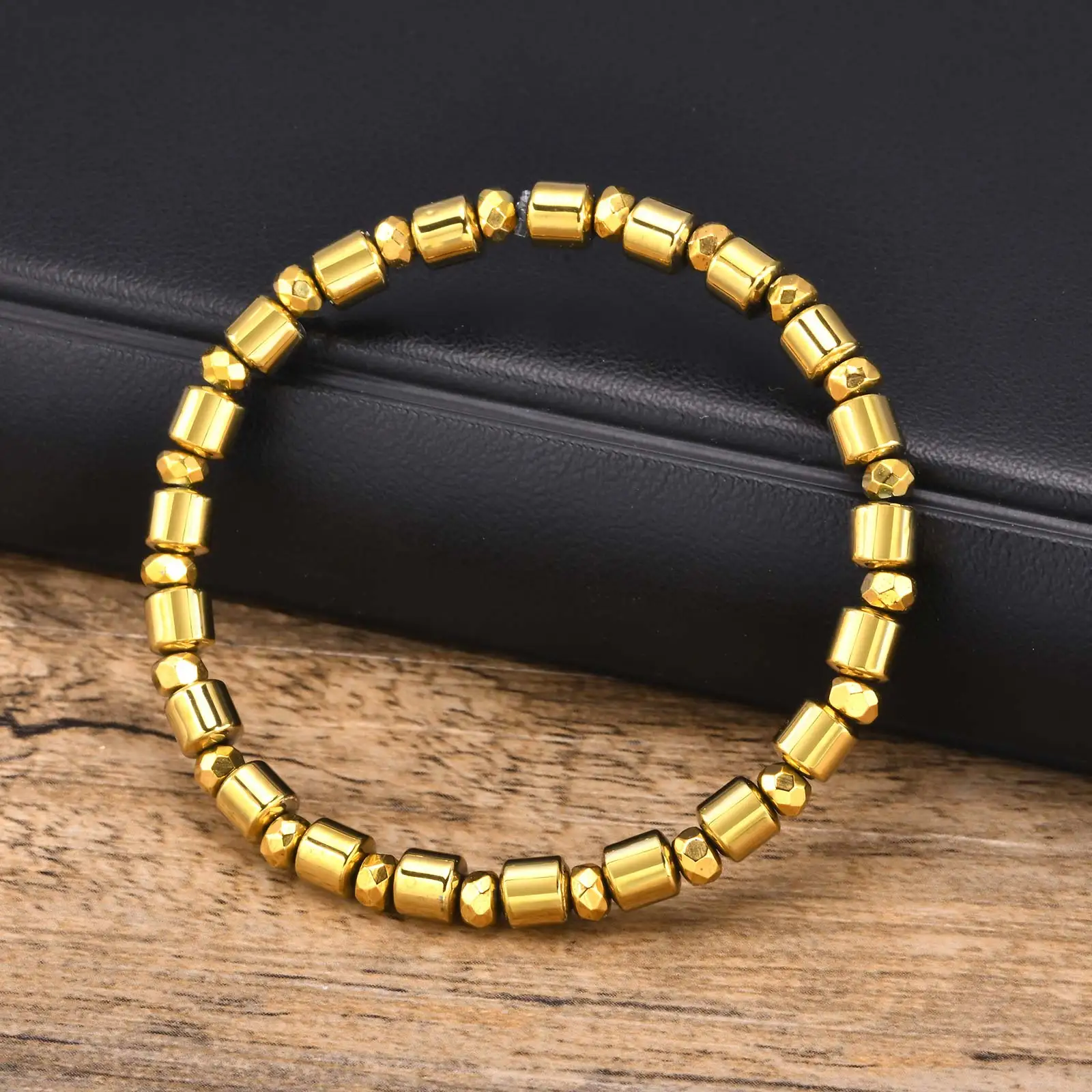 Hematite Beaded Bracelets for Men Boys,Gold Color Cylindrical Beads Bracelet,Eliminating negative energy in the body