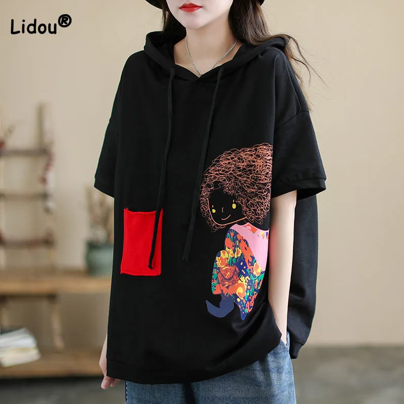 Stylish Summer Women\'s Cartoon Printed Loose Hooded Tops All-match Casual Contrasting Colors Pockets Short Sleeve Sweatshirts