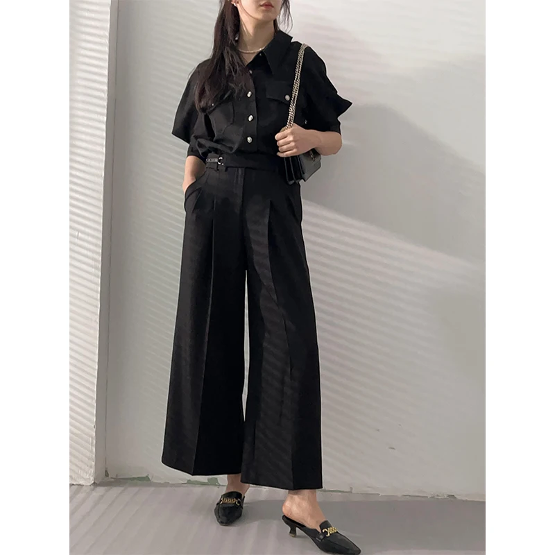 

Комплект: женские брюки с высокой талией и широкими штанинами, рубашка с пятью карманами, двойные карманы, весенняя мода, повседневный, удобный, дышащий