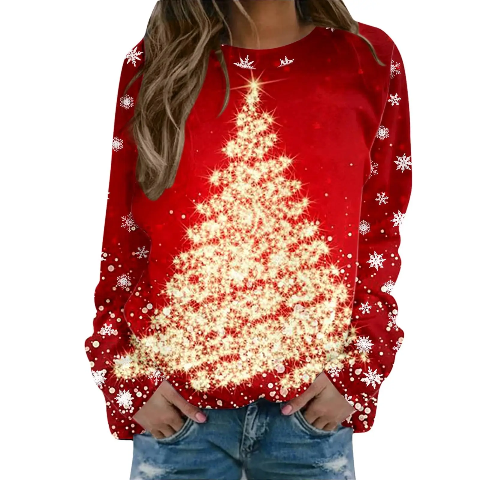 Women\'s Sweatshirt Designer Round Neck Long Sleeve Fashion Casual 3D Stitching Sleeves Christmas Tree Pattern Printed Top