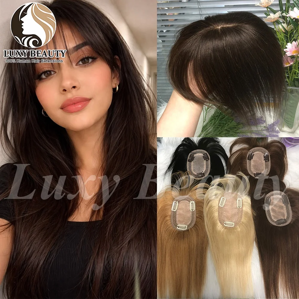 Straight Human Hair Topper With Bangs Women 8x12cm Natural Black Brown Blonde Skin Scalp Clip in Topper Hair Pieces Hairpiecs