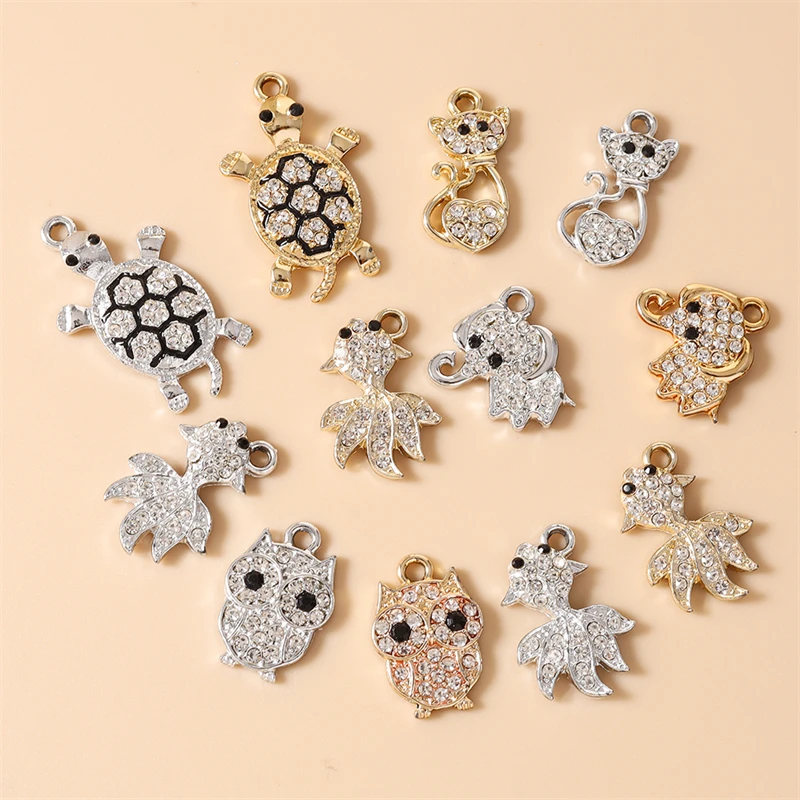 10 Stück niedliche Kristall-Legierungs-Anhänger in Tierform (Schildkröte, Eule, Elefant, Katze) zum Basteln von Halsketten, Ohrringen, DIY-Schmuck und Bastelarbeiten – Detail 2