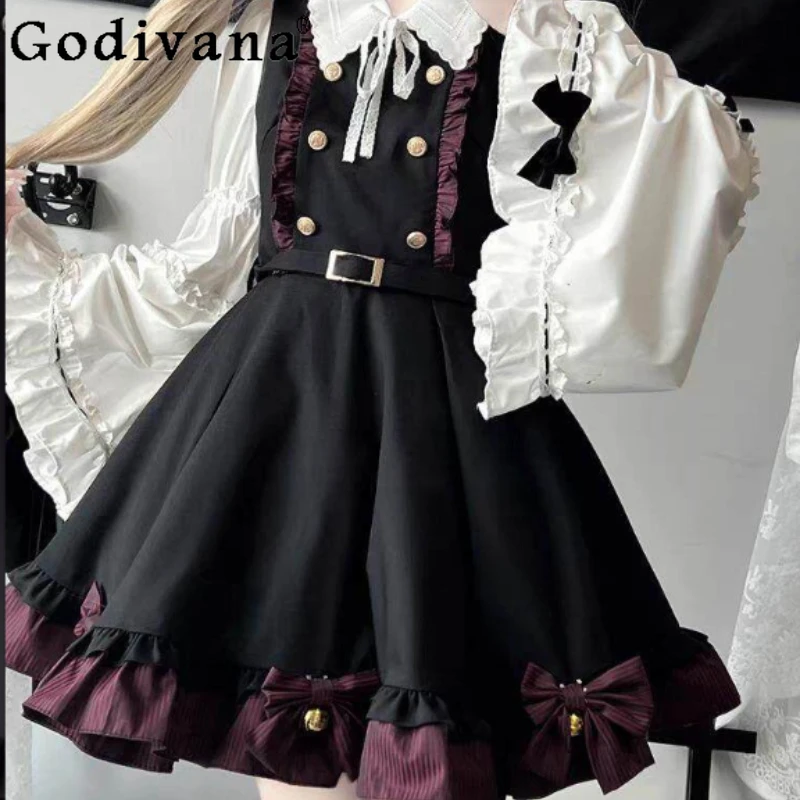 

Spring Sweet Japanese High Waist Ruffles Black Strap Dress Fashion Versatile Cute Girl Peter Pan Collar Long Sleeve White Shirt