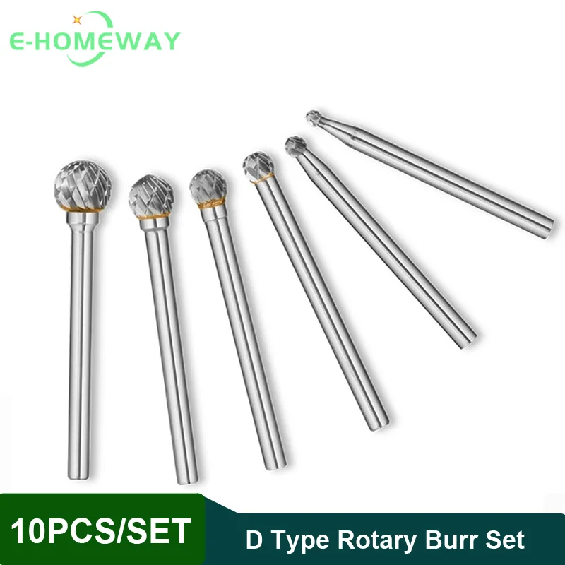 10Pcs 3*1.5/2/3/4/5/6 Ball Shape Type D Tungsten Carbide Rotary Files Set - Power Tool Drill Milling Burr Die Grinder Carving