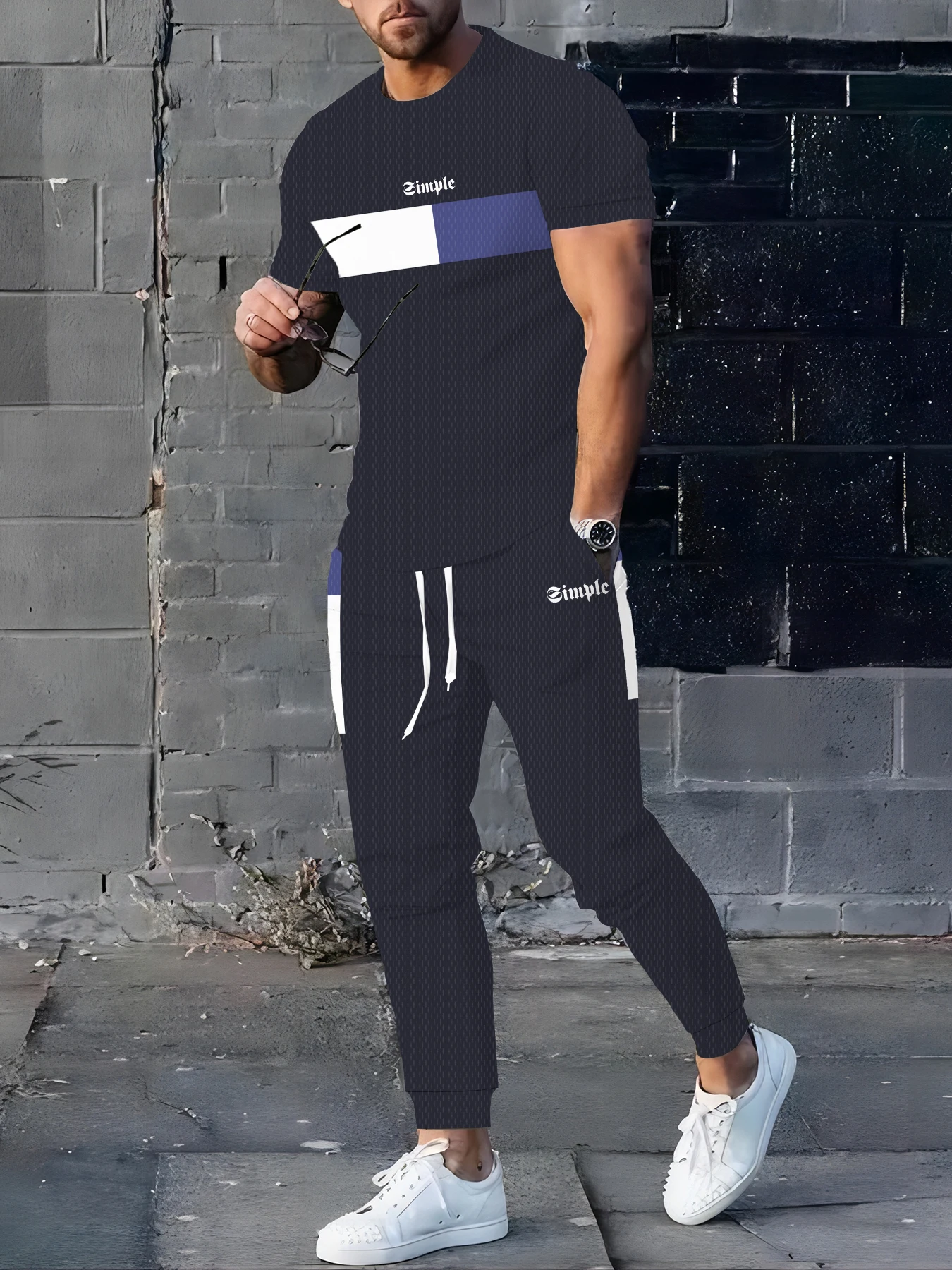 

Men's Summer Splicing Letter Printed Pattern Breathable Quick Drying Top Trendy Soft Top Street Round Neck T-shirt Set