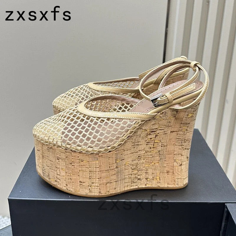 

Super Platform Wedge Heels Sandals Women Thick Sole Fish net Gladiator Sandals Ankle Strap Peep Toe Party Shoes Women Sandals