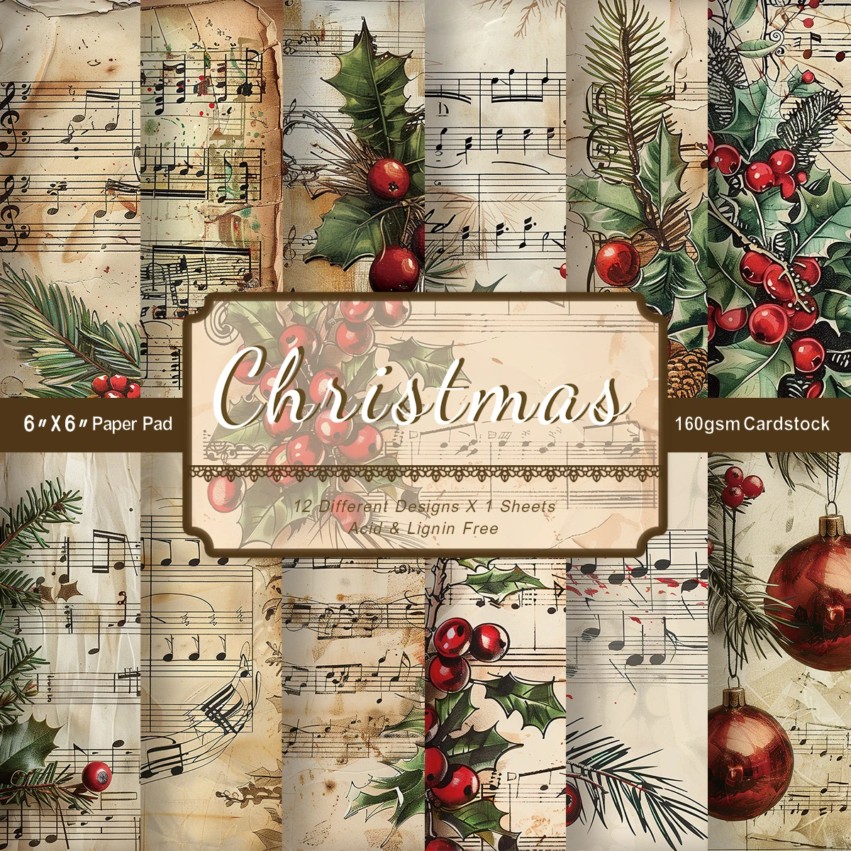 12pcs Vintage Christmas Hand-Drawn Designs Scrapbook Paper,Gift Packaging Background Paper,Christmas Home Party Decorative Paper