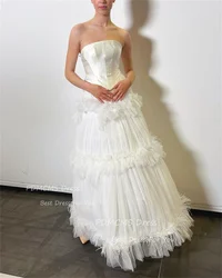 Luxury Tulle Strapless A LineWedding Dresses Tiered Sleeveless Elegant White Feather Country Bride Gowns Formal Bridal Dress