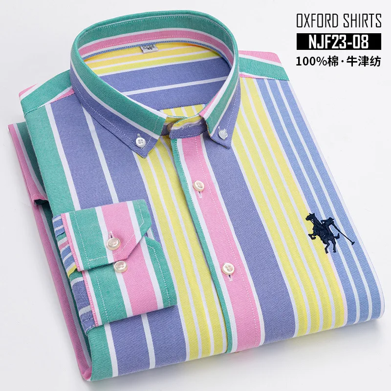 

Men's shirt long sleeve Spring and autumn 100% cotton Oxford woven non-ironing anti-wrinkle stripe check casual embroidery