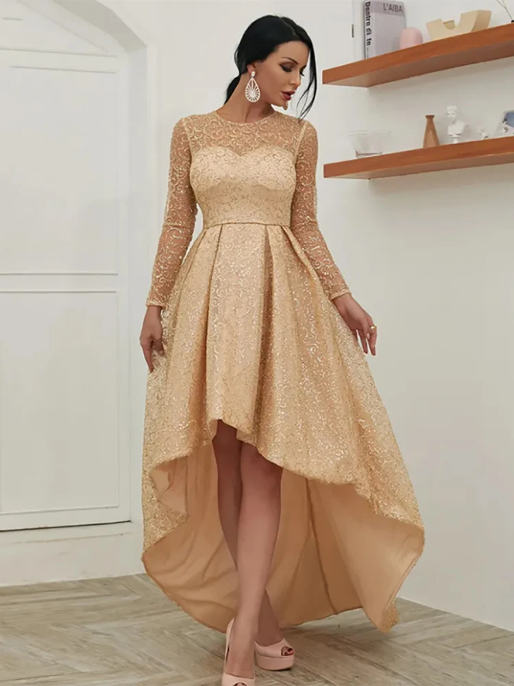 

Sparkling Sequins Long Sleevees Short Front Bling Gold High Waistline Formal Evening Dresses Round Neck Prom Gowns