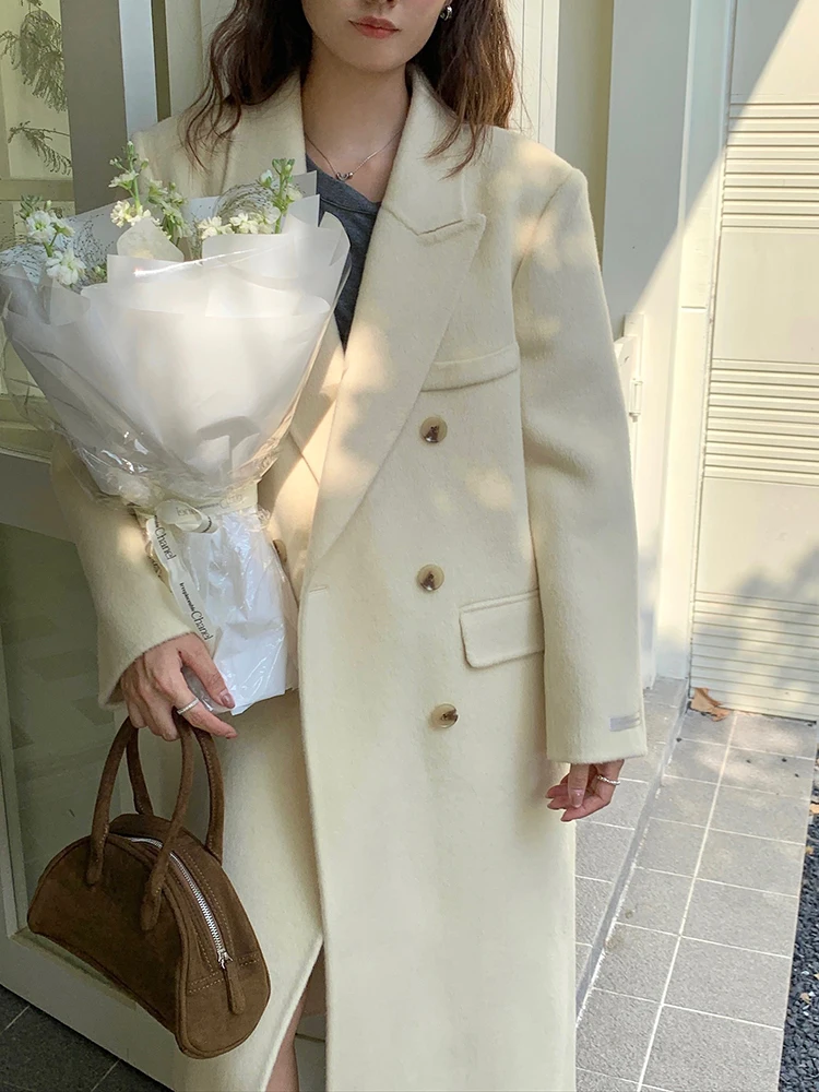 

High End Alpaca Cashmere Double-sided Long Coat for Women Long Commuting Suit Jacket Wool Blend Slim Tall Woolen Coat Winter