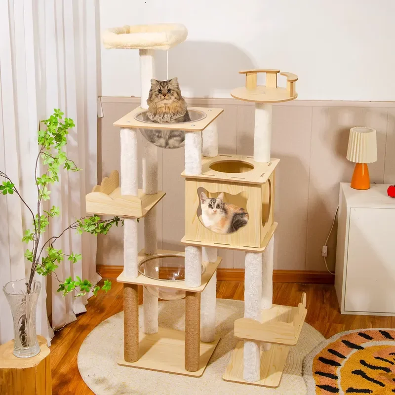Modern Luxury Large Cat Climbing Rack Double Space Wood Nest with Multifunctional Integrated Cat Tree