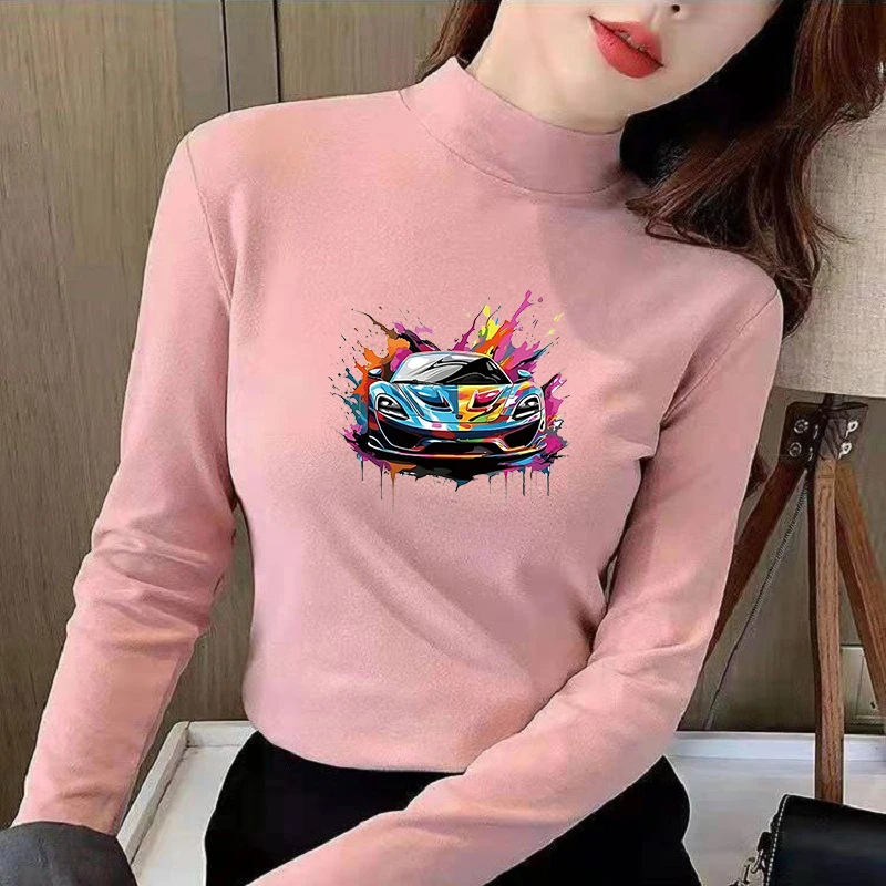 Winter Women's Thermal Brushed Fleece Half Mock Neck Long Sleeve T Shirt Colorful Sports Car Splash Graphic Warm Tee