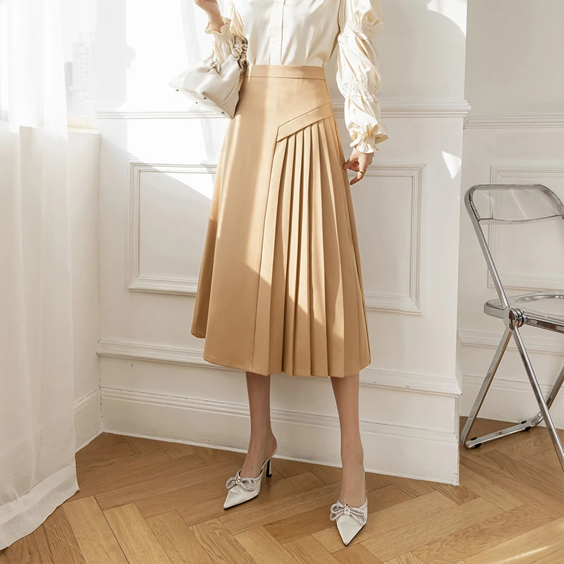 Irregular Pleated Patchwork Women\'s Skirts Summer 2024 Spring New Office Lady A-Line Mid Length Casual Skirts Female Spring