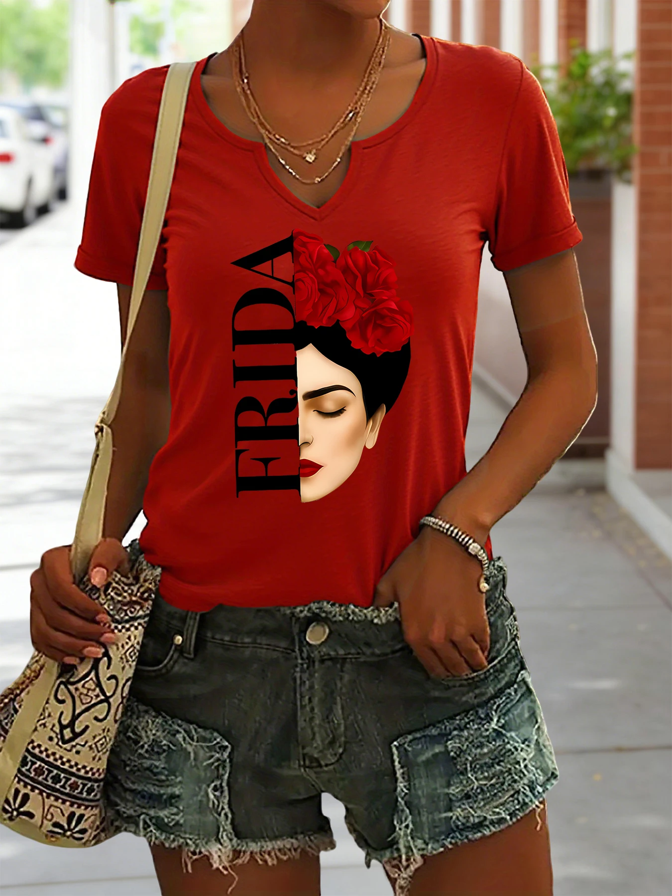 Women's Summer V-Neck Short Sleeve T-Shirt, Frida Kahlo with Red Roses Print, Artistic Feminist Casual Fashion Top view 3