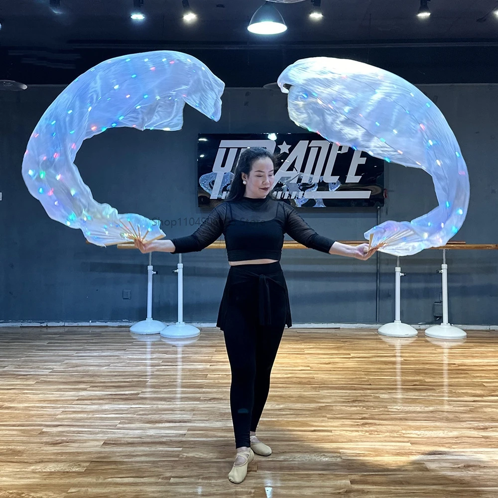 

100% Silk Belly Dancing Led Fan Veils 180cm Long Silk Fan Veils with Lights Automatic Glitter Club Carnival Hollween