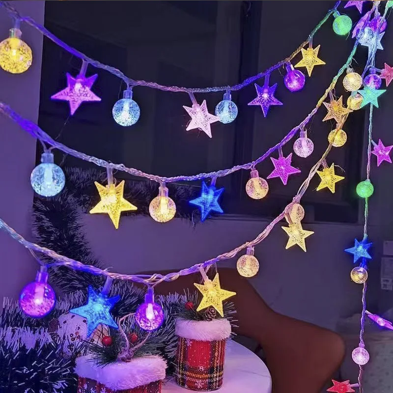 Guirnalda de luces navideñas para exteriores, cadena de luces LED con forma de estrella de copo de nieve, batería/USB, decoración de árbol y