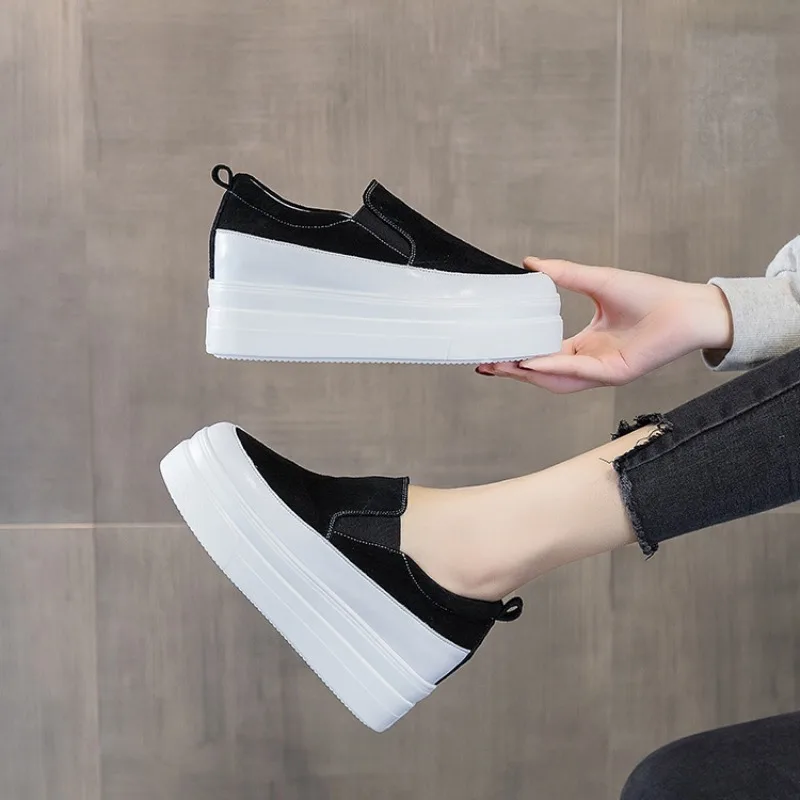 Genuine Leather women shoes platform wedge Sneakers chunky shoes slip on slipon Black women casual shoes slipony Spring Autumn