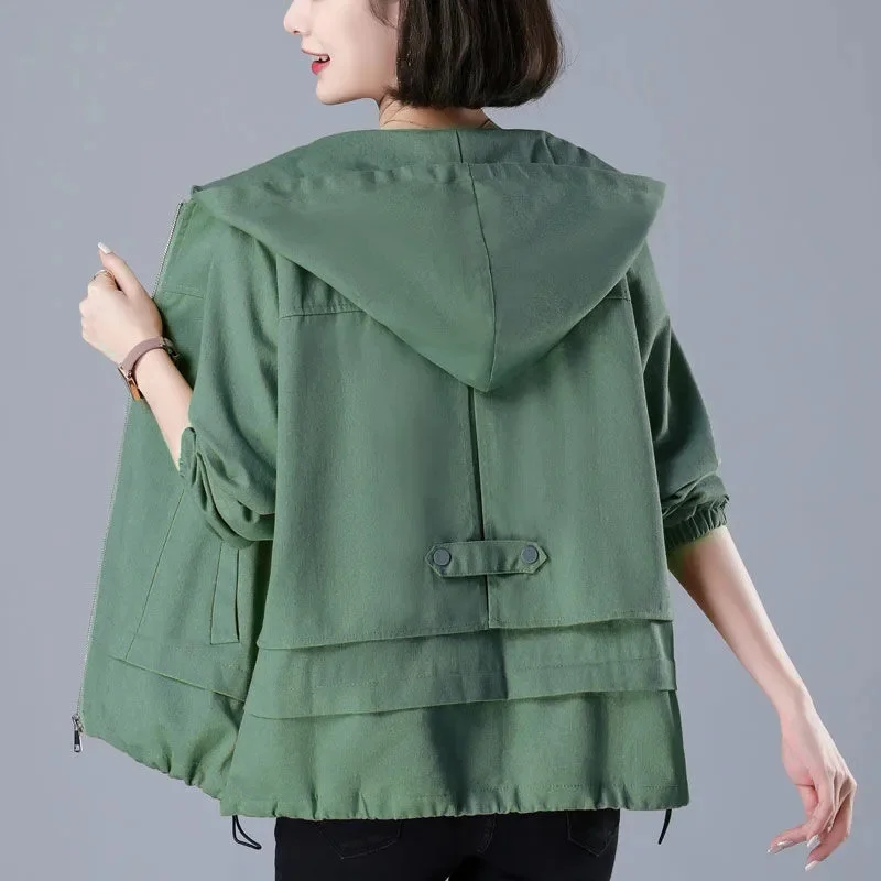 Casual Short Jacket Women's 2022 New Spring And Autumn New Loose And Mother Hooded Jacket Zipper Shirt Female Shirring Coat