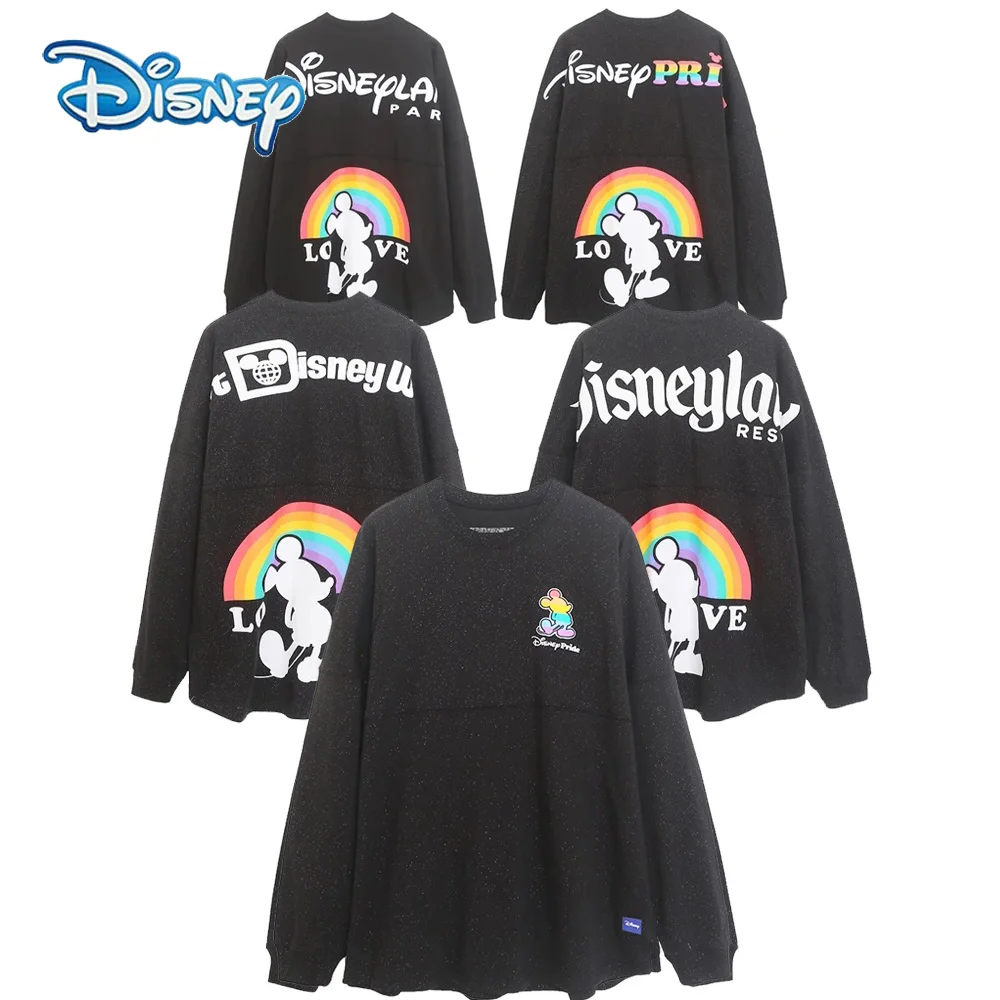 Disney Paris Mickey Sweatshirt Disneyland Letter Women Casual Pullover Top Rainbow Print O Neck Jumper Oversized Couple Unisex