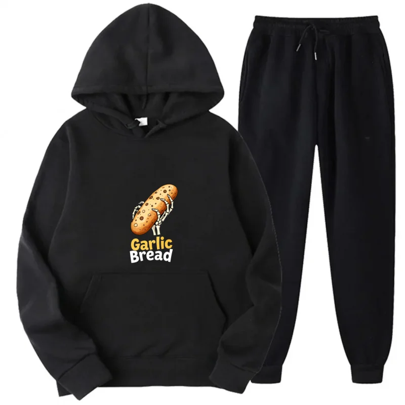 طقم هوديي رمادي بنمط ونص مطبوع عليه خبز الثوم