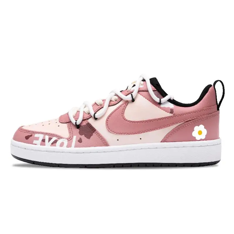 【Customize】Nike Court Borough Skateboarding Shoes Women's Low-top White/brown/pink Sneakers shoes BQ5448-115