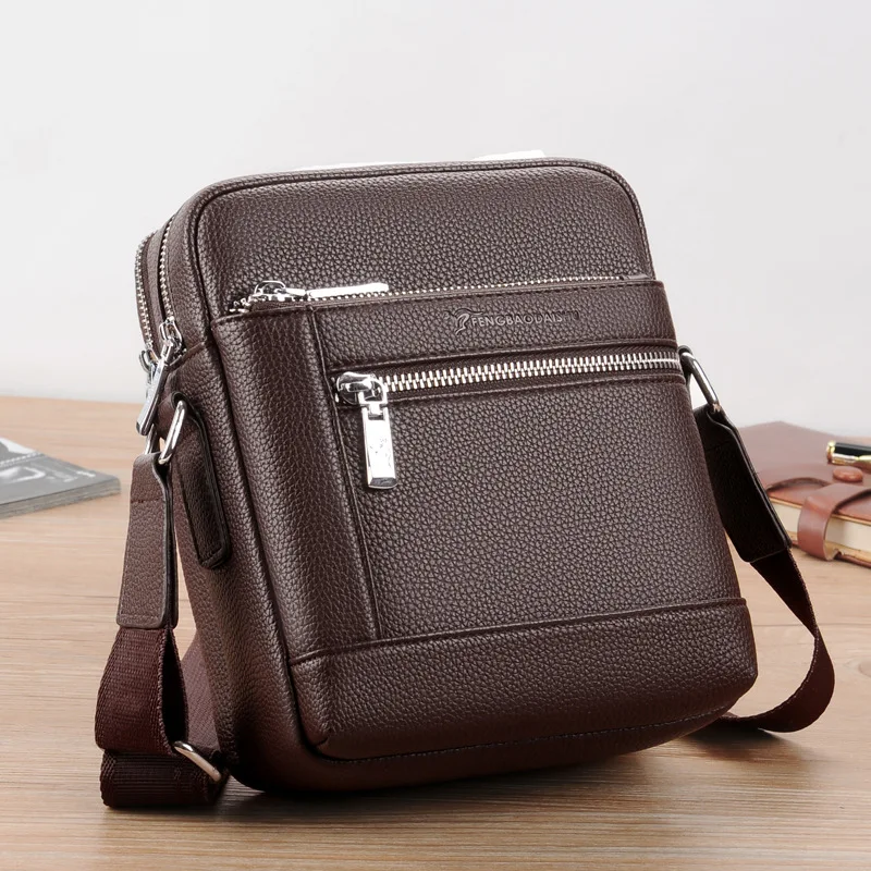 PU leather men's large-capacity lightweight single-shoulder bag with multiple pockets, square waterproof travel crossbody bag