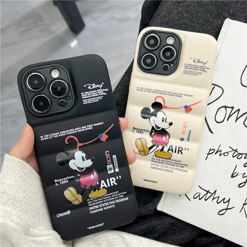 New Luxury Down Coat Cloth Coat cartoon Mickey Mouse phone case for iPhone 16 Pro 11 12 13 15 14 Pro Max soft Puffer Protecte 