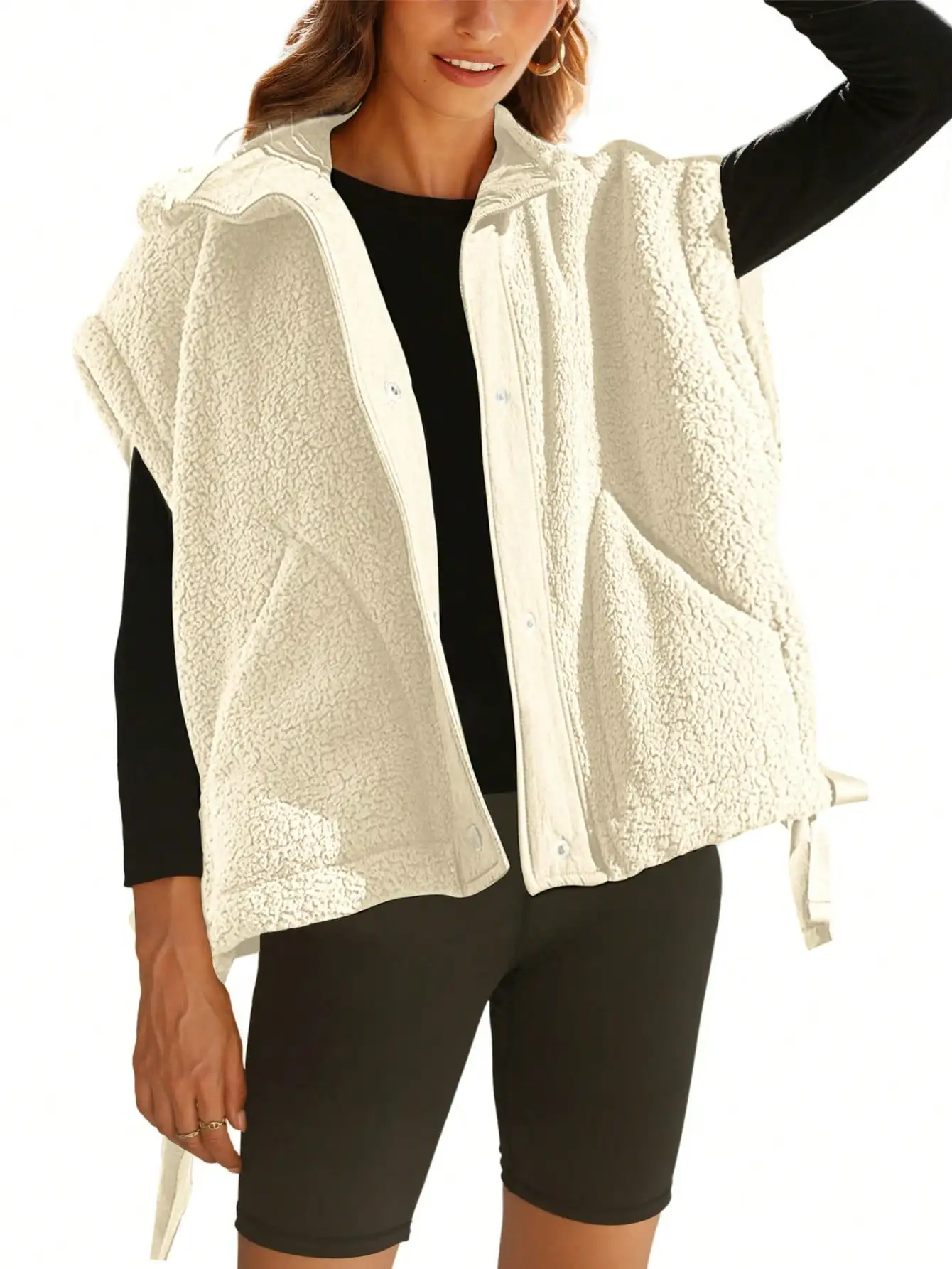 

Женский флисовый жилет оверсайз с пуговицами спереди и карманами