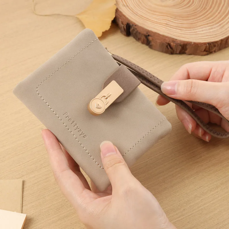 

Nubuck Leather Women Wallet Wrist Strap Small Ladies Vintage Solid Female Wallet Coin Purse Short Women Purse Card Holders