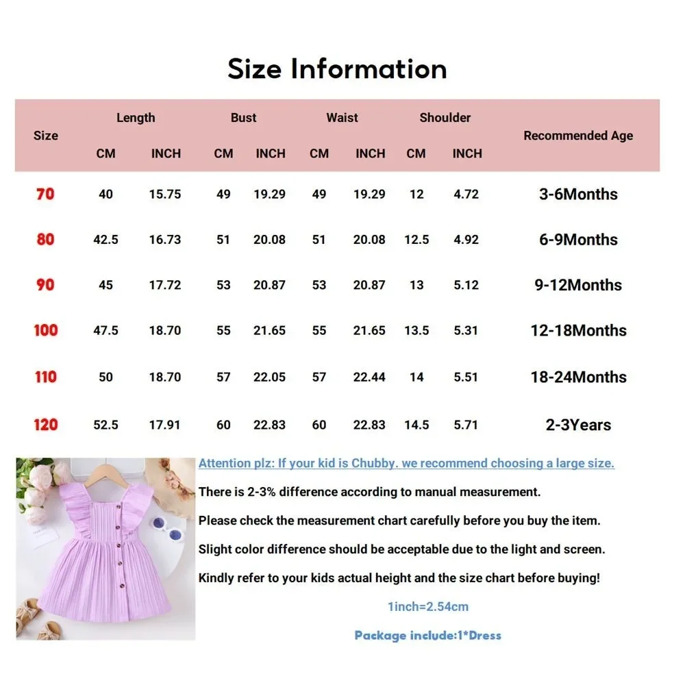 Dress for Toddler Baby Girl 3-24 Months Folding Fabric Flutter Sleeve Botton Design Dress Summer Clothes Infant Baby Clothing